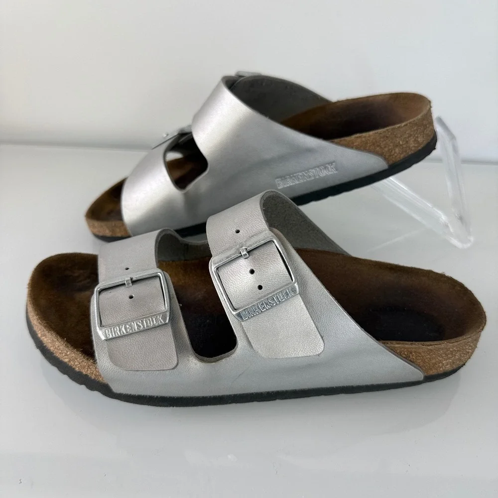 Birkenstock Arizona Sandals Womens 39 Silver Metallic Birko-Flor Dual Buckle